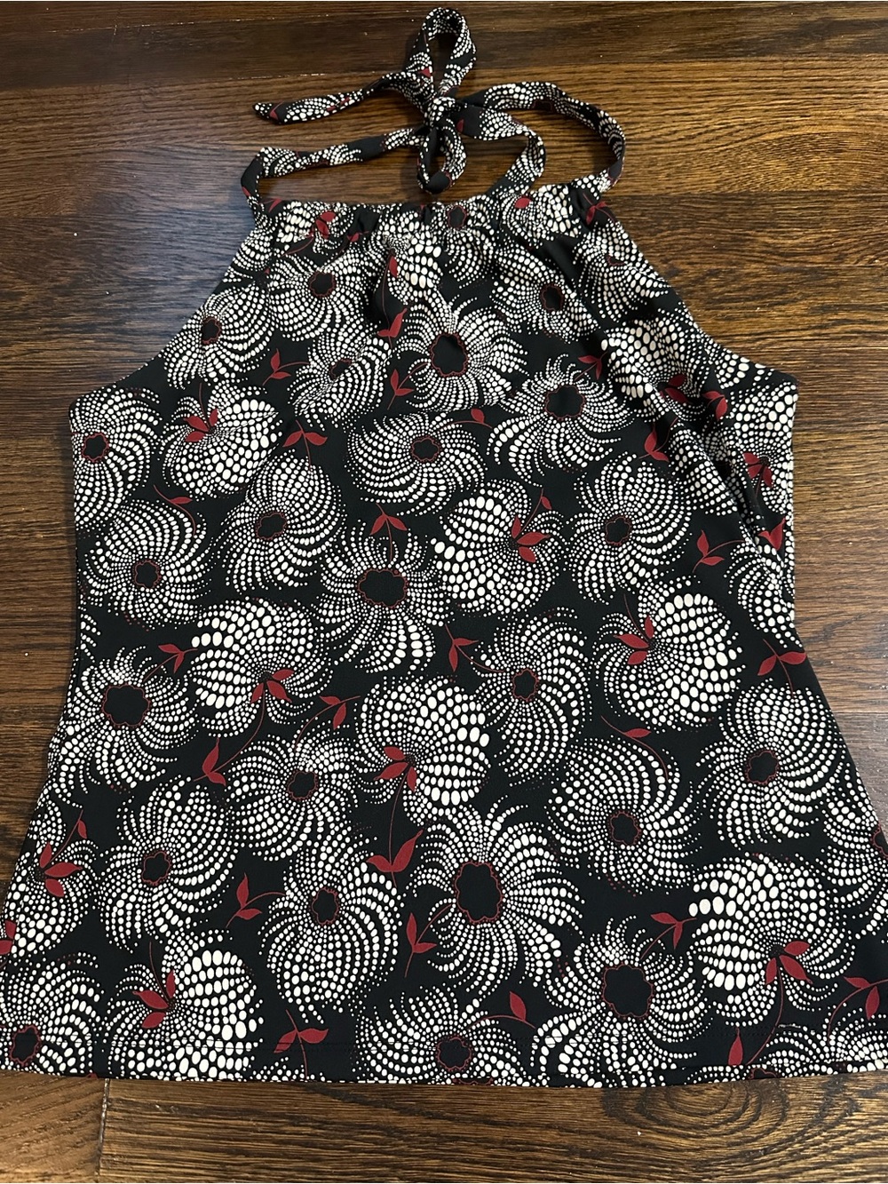 Vintage Ann Taylor Black Halter with White Spiral Floral & Red Accents Open Back